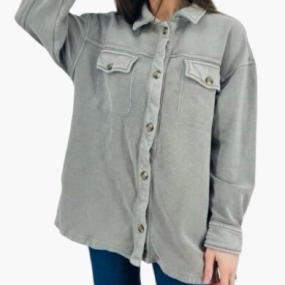 Aerie Grey Heavy Fleece Shaket Jacket M Gray Button-Up